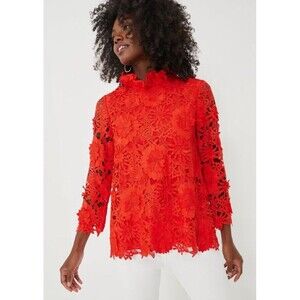 NEW Tuckernuck Womens Medium Tomato Red Guipure Lace Faye Blouse Bow Tie Back